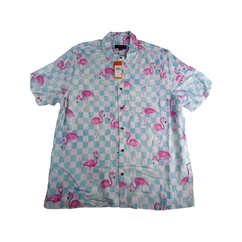 Margaritaville Pink Flamingo Checkerboard Short Sleeve Button-Down Shirt